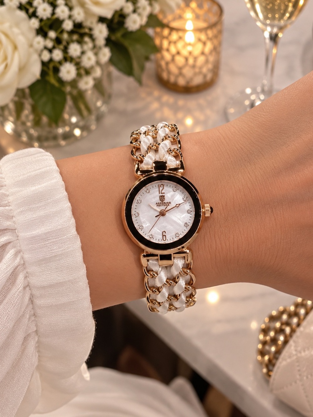 X Montres Prestige Rose Gold with White Bracelet Watch (MPW-0296)